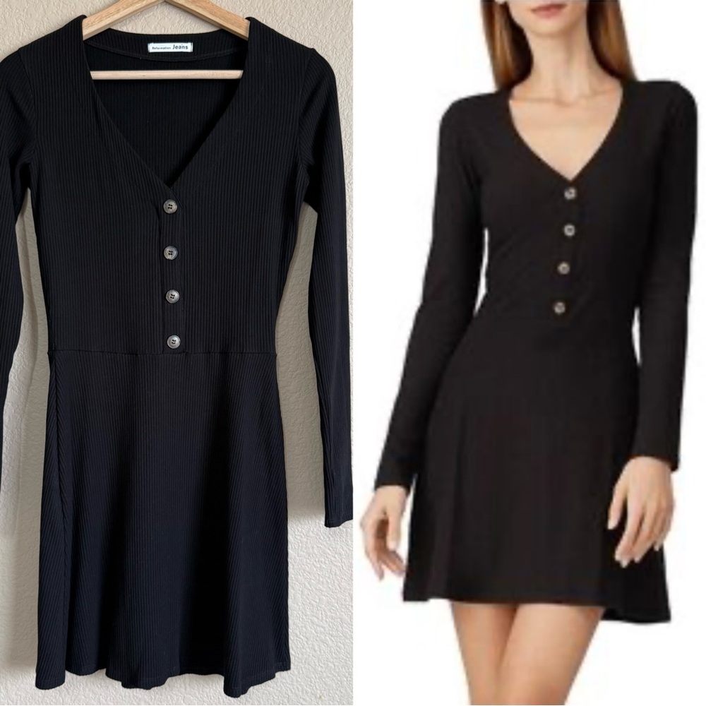 Reformation Black Ribbed Long Sleeve V-Neck Button Dress